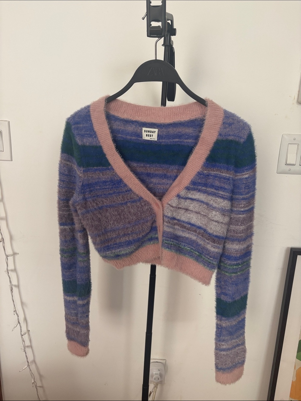 Sunday Best Multicolor Striped Cropped Cardigan with Pink Trim